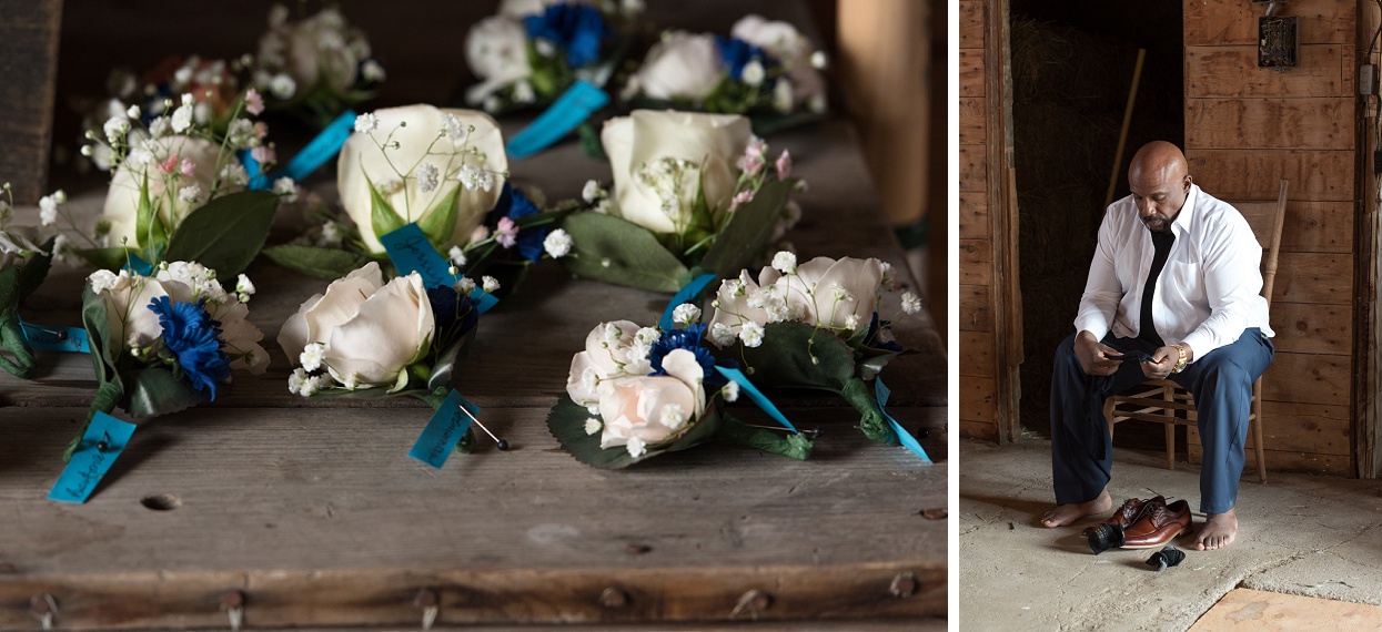 Boutonnieres lined up on an antique barn table, groomsmen getting dressed, rustic farm wedding