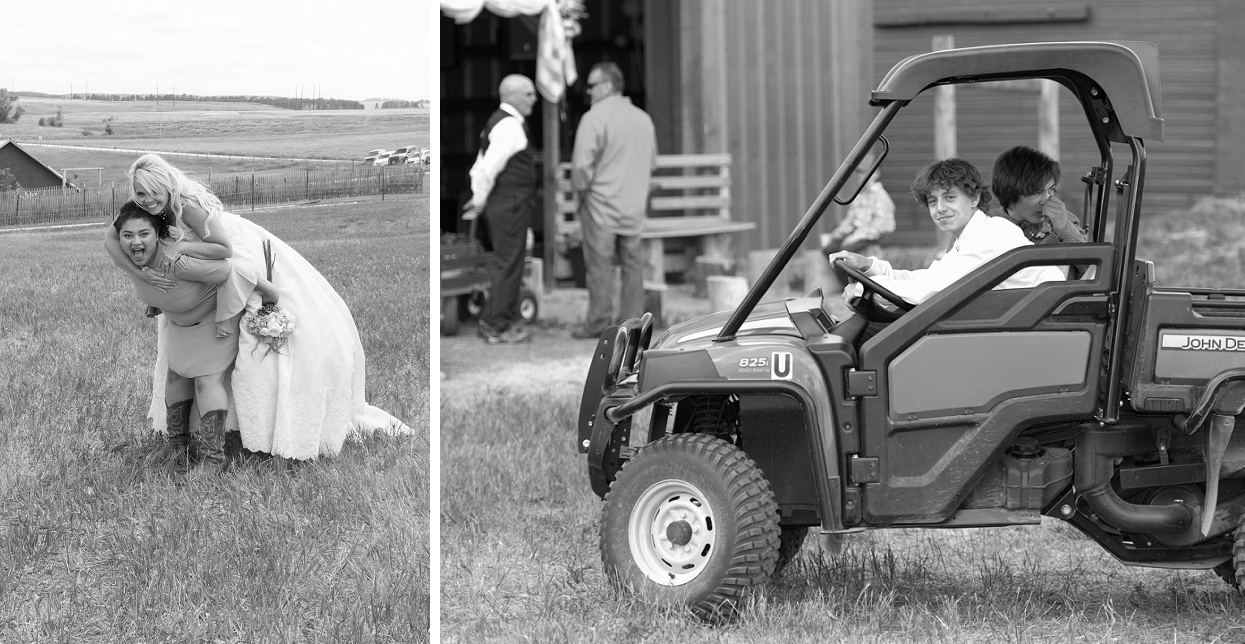 Bride getting a piggy back ride