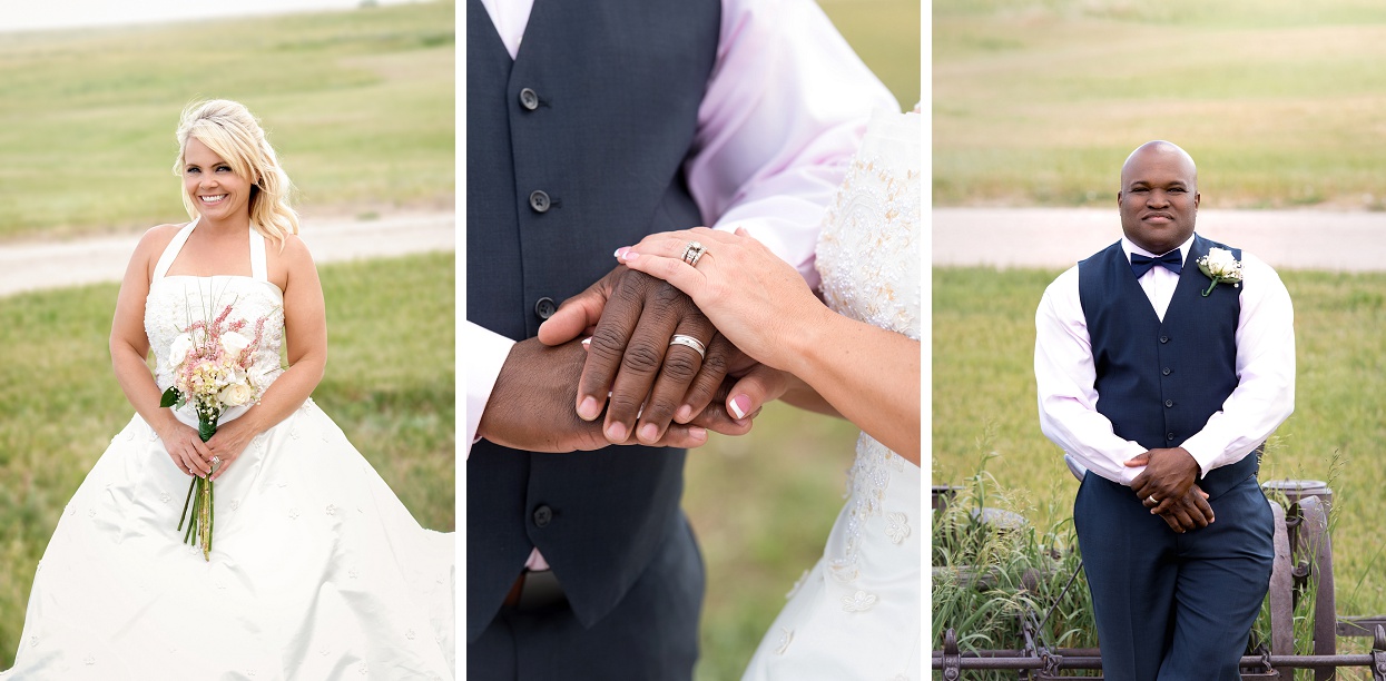 Wedding portraits, black groom white bride, groom in pink shirt and navy suit