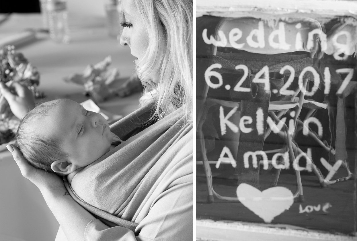 Baby in a Moby wrap at a wedding, homemade wedding sign on an antique window