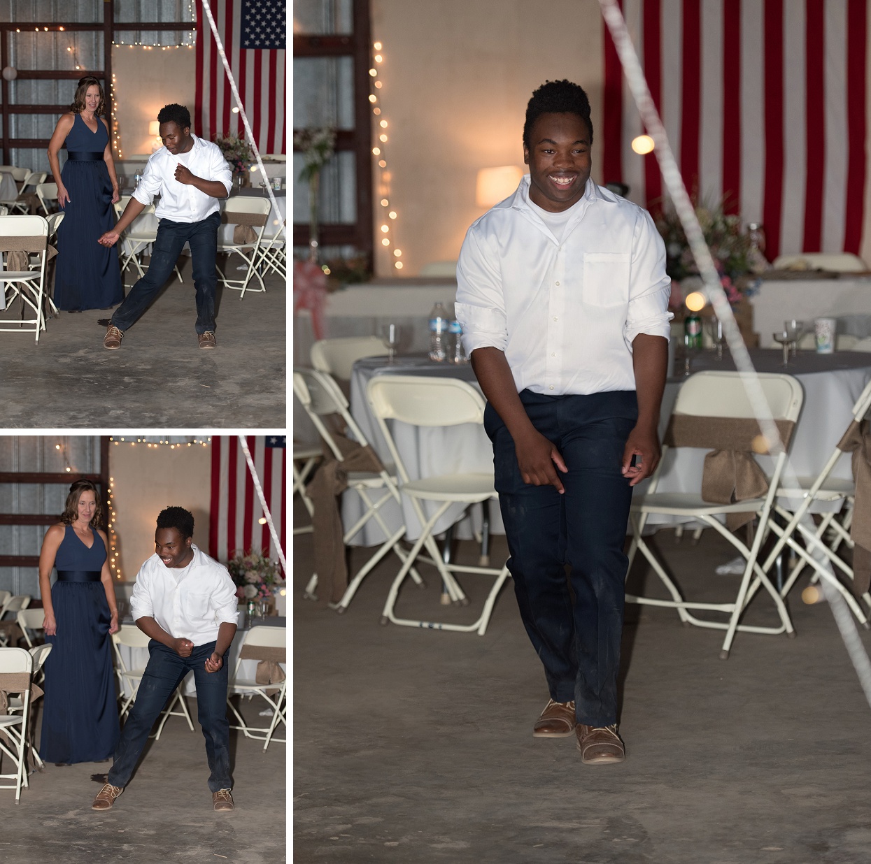 Teen boy doing Whip and Nae Nae at wedding, Americana wedding decor